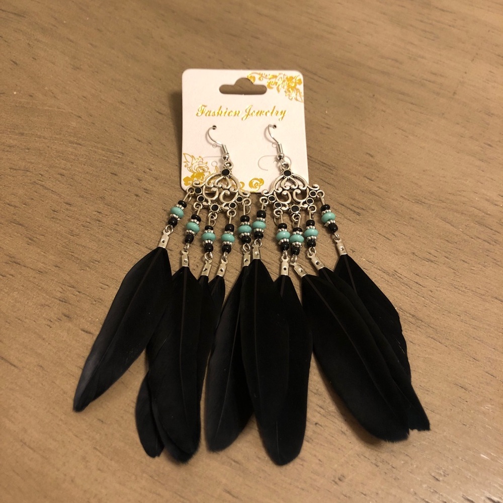 Black Feather Bohemian Dangle Earrings With Blue Beads Fashion Jewelry